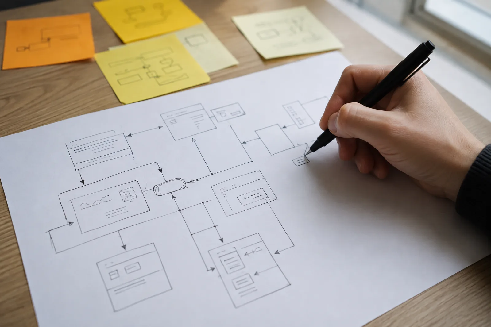 Hand skizziert ein Workflow-Diagramm mit Klebezetteln auf einem Schreibtisch